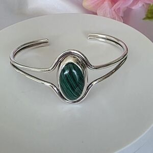 Vintage Sterling Silver 925 Green Malachite Mexico Cuff Bracelet